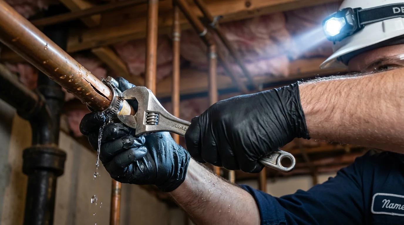 Emergency pipe clamp repair being performed by a Johns Plumbing LLC plumber in Hutchinson