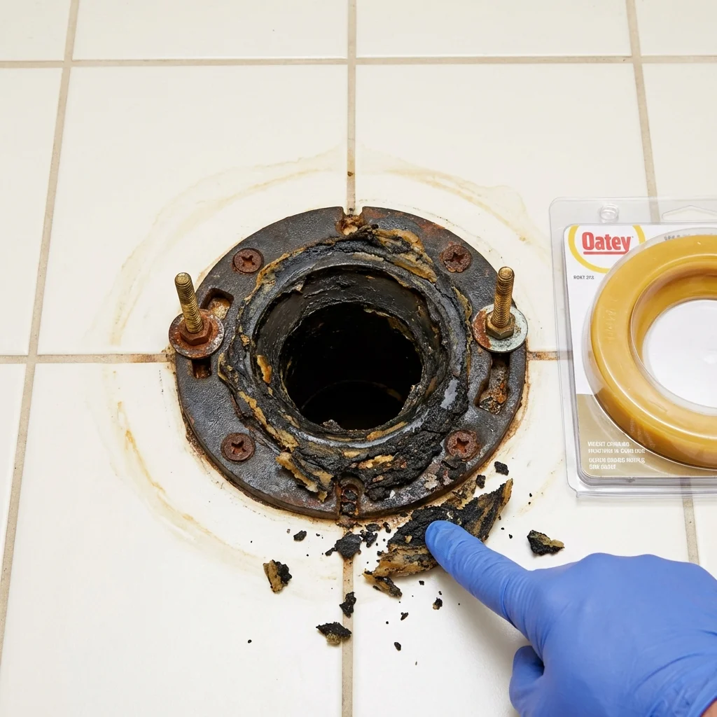 Failed wax ring showing water seepage at the base of a toilet in a Hutchinson, MN home