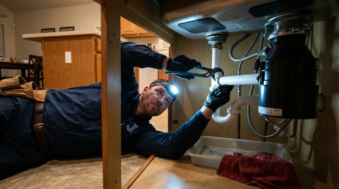 P-trap and supply line connections under a kitchen sink showing a common leak point in Hutchinson, MN
